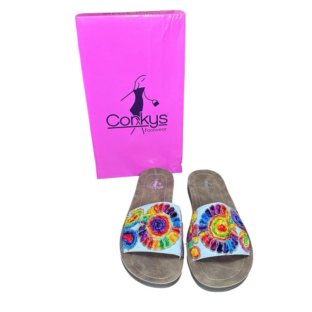 Corkys Pinwheel Slides Slip on Flat Sandals White Multicolor Flower Size 7 Boho‎